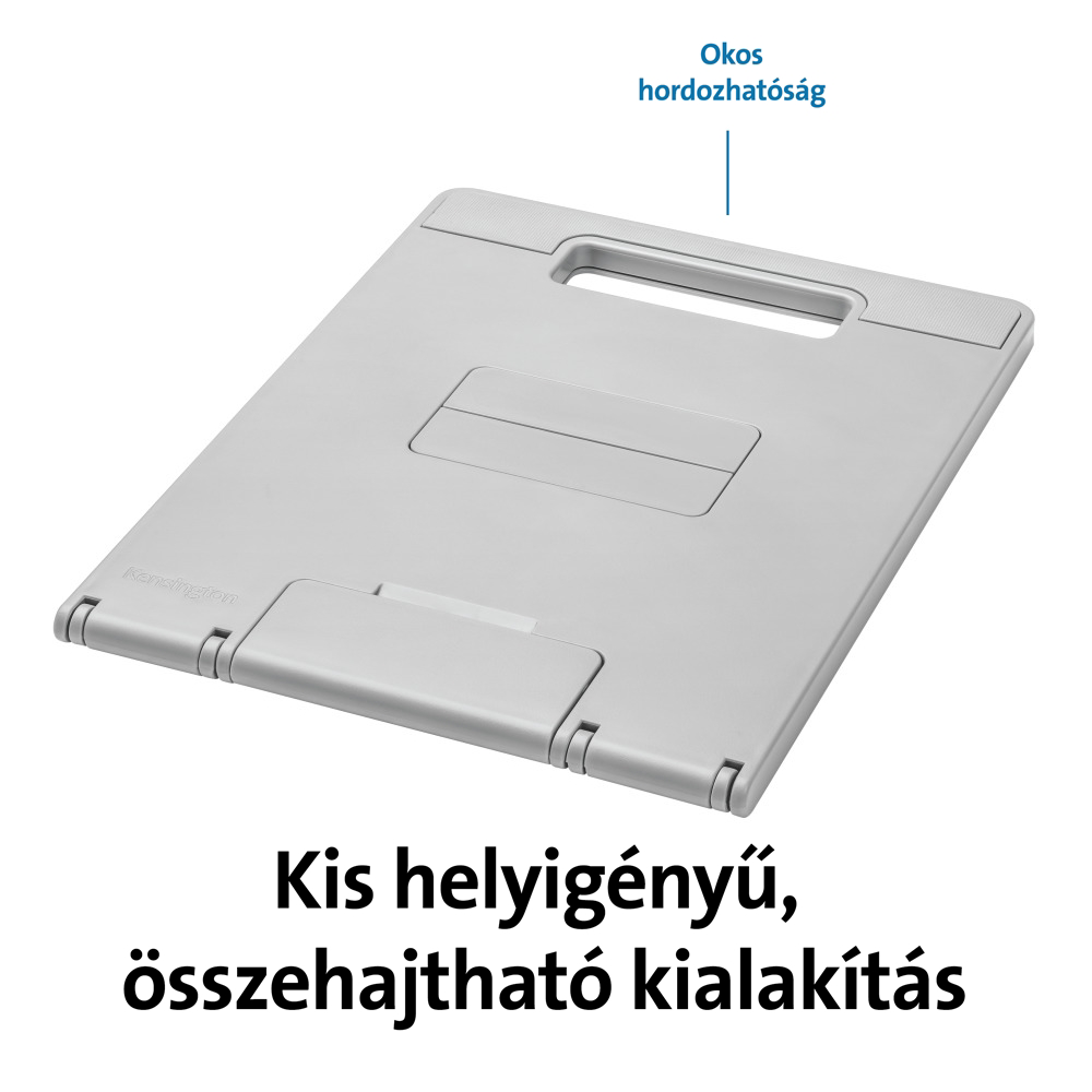 Szürke laptop állvány fogantyúval és összecsukható kialakítással, helytakarékosnak címkézve.
