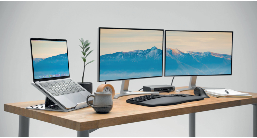 Asztal laptop, két monitor, billentyűzet, egér, bögre és növény.