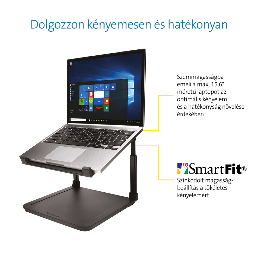 Laptop fekete állványon. A szöveg az ergonómiát és a termelékenységet népszerűsíti.