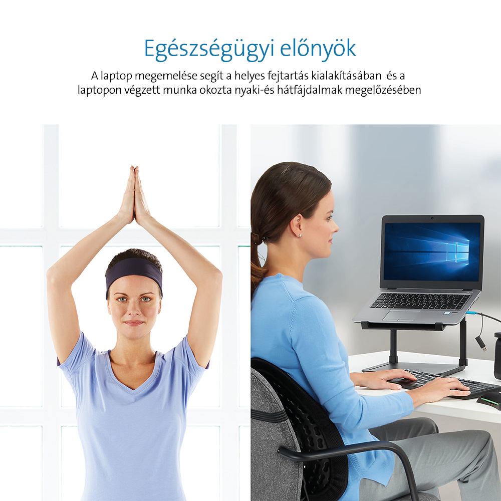Nő jógázik és egy személy laptopon dolgozik állványon, a helyes testtartást népszerűsítve.