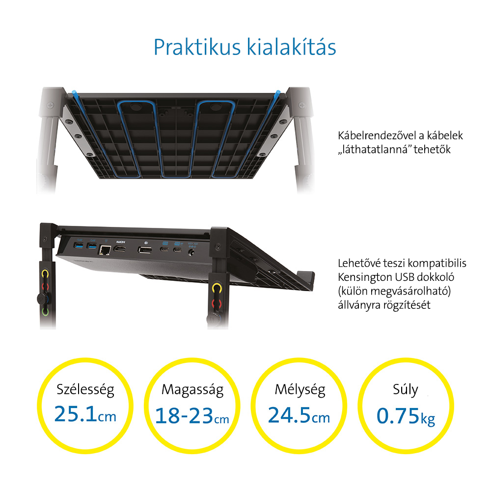 Egy termék diagramja. Fekete alap felülnézete kék vonalakkal. A termék alulnézete mérésekkel.