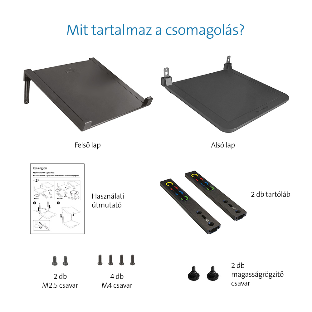 Egy kép, amely egy termék alkatrészeit mutatja, beleértve két tálcát, csavarokat és egy kézikönyvet.