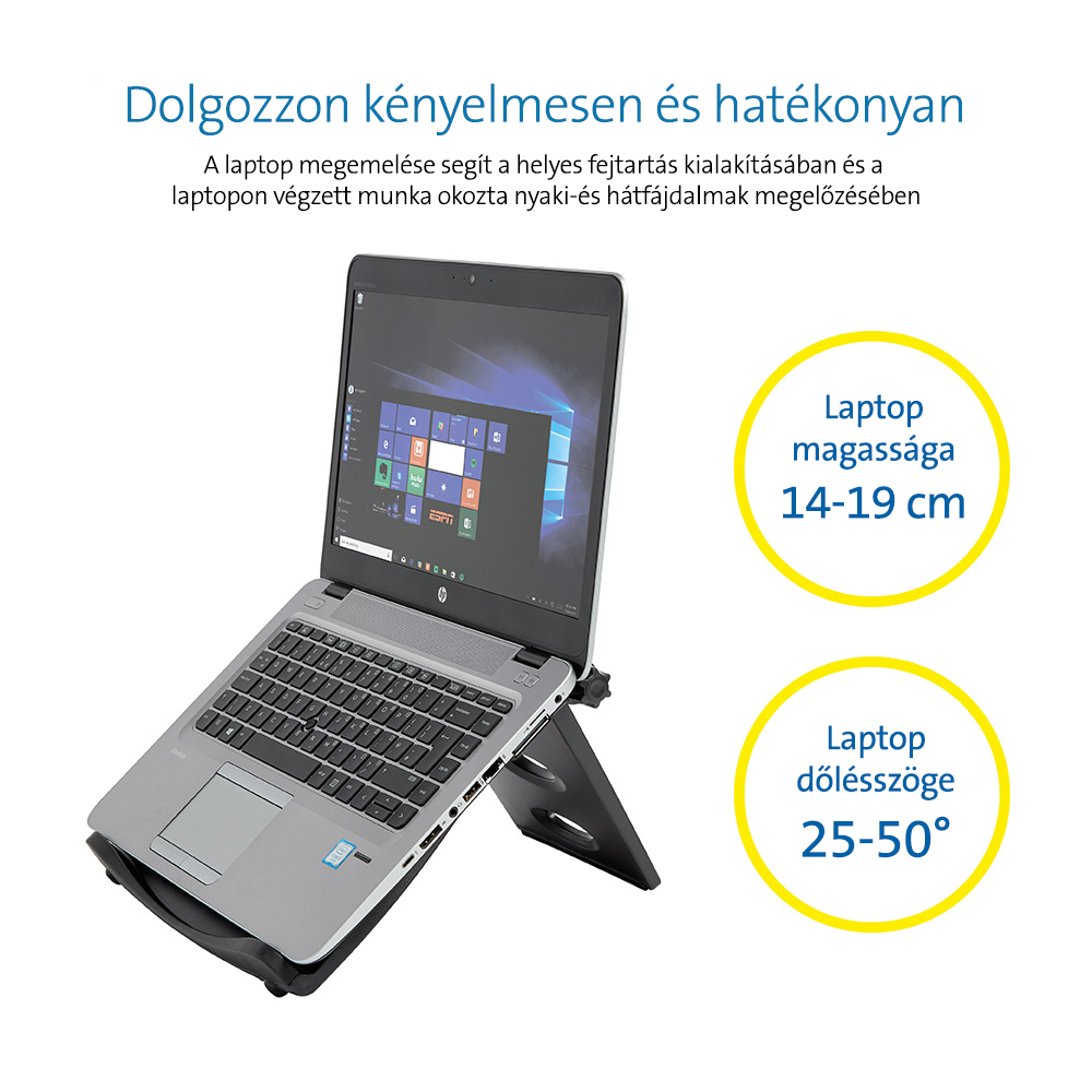 Laptop állványon, ergonómiáról és optimális látószögekről szóló szöveggel. Fehér háttér.