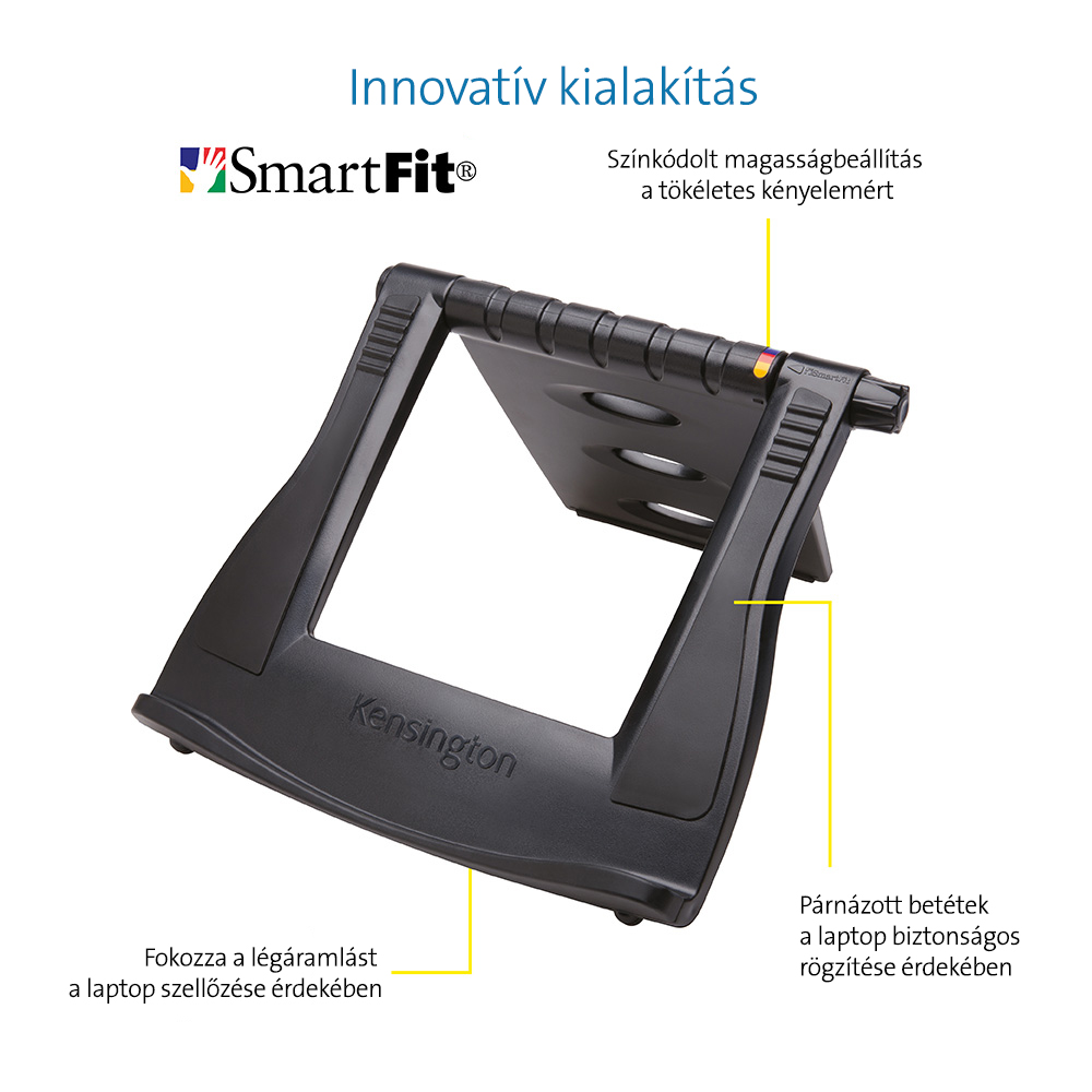 Fekete laptopállvány szöveggel és jelölésekkel, a laptop biztonságát és hűtését népszerűsítve, fehér háttéren.