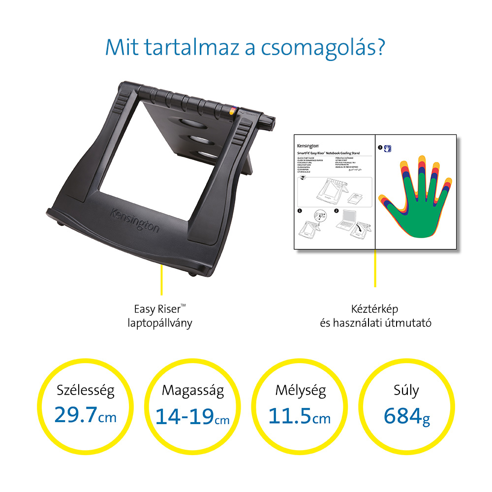 Kensington laptop állvány méretekkel és egy kéz formájú útmutatóval.
