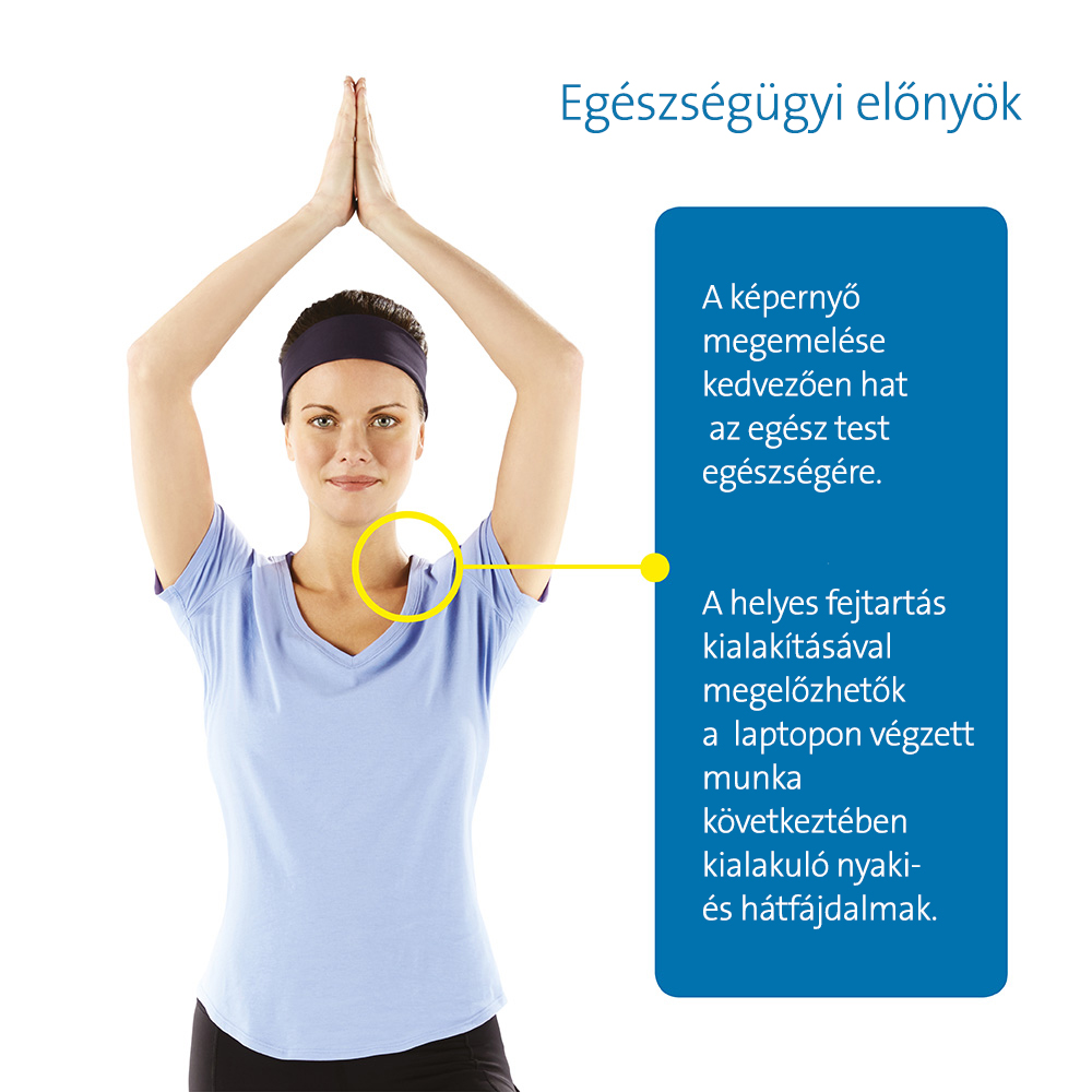 Egy nő kék ingben és fekete nadrágban, felemelt kézzel. Szöveg magyarul.