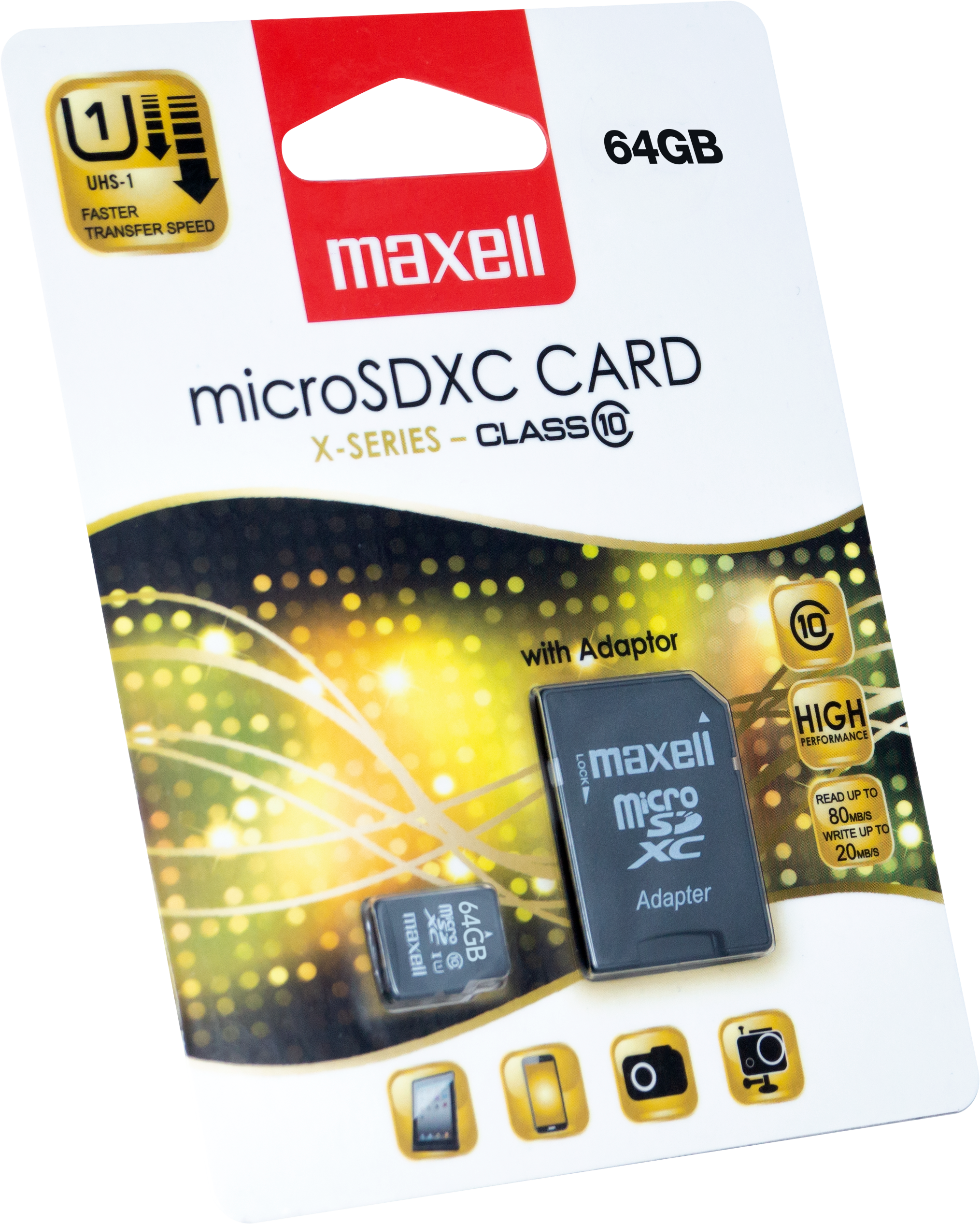 Micro SD kártya csomagolása. Maxell márka, 64 GB kapacitás. Tartalmaz kártyát és piros-fehér csomagot.