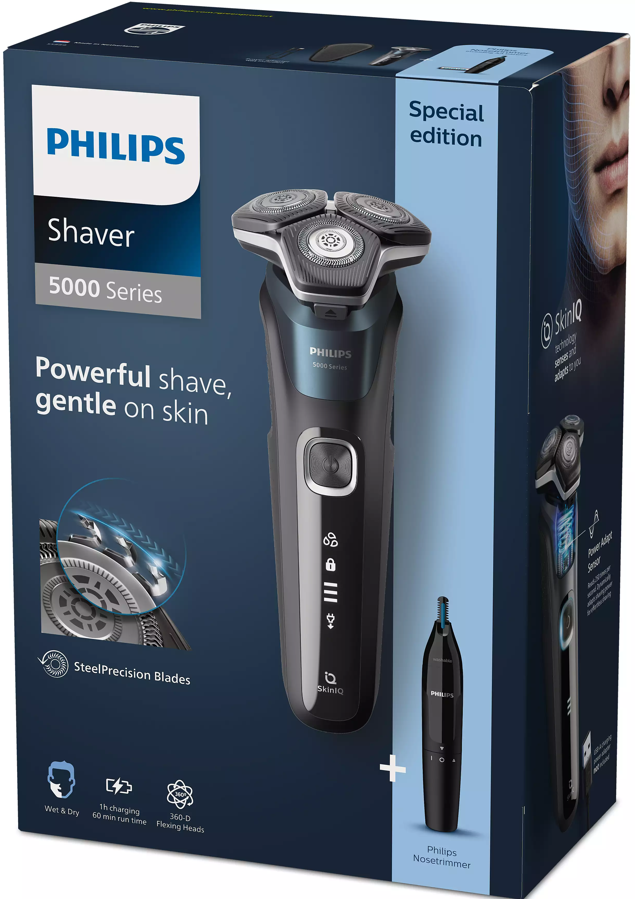 Boîte Philips Shaver 5000 Series avec rasoir, tondeuse nasale et texte.