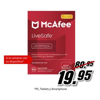 Antivirus - McAfee® LiveSafe, Suscripción de 1 año, Número ilimitado de dispositivos (Windows®/Mac®/Android/iOS) (Formato Físico)