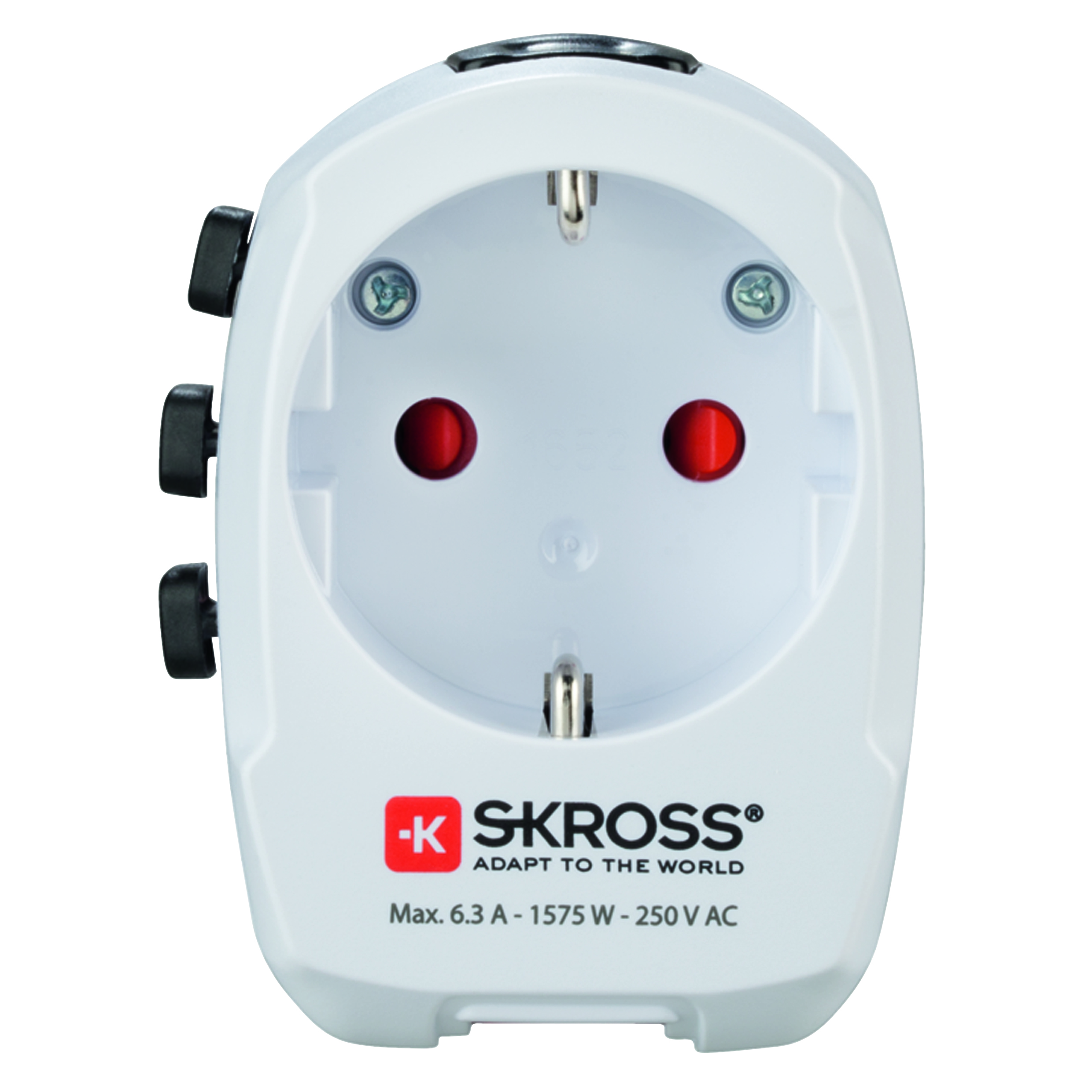 White travel adapter with red indicator lights, black buttons, and brand name.