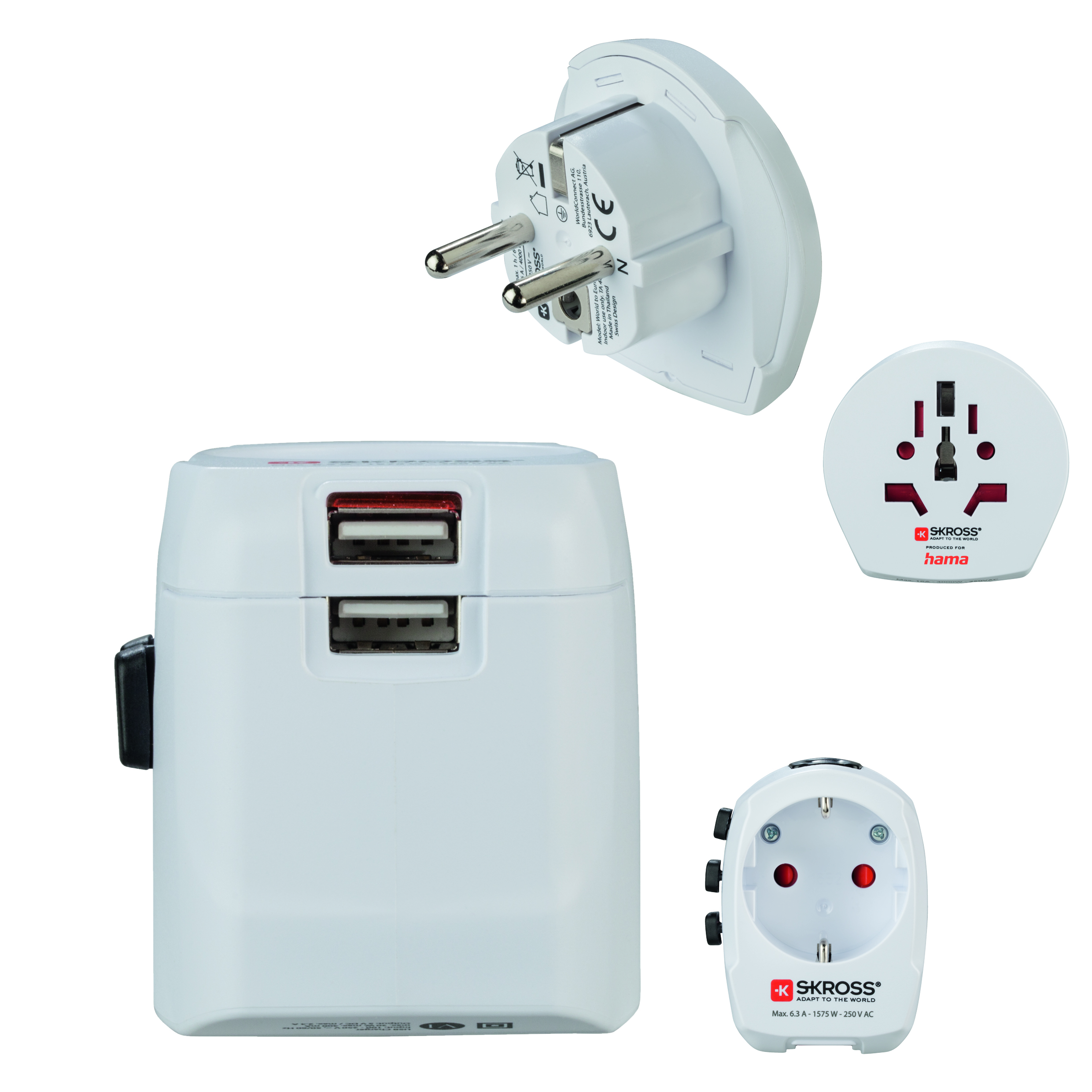 White travel adapter with multiple plug configurations, showcasing its versatility.