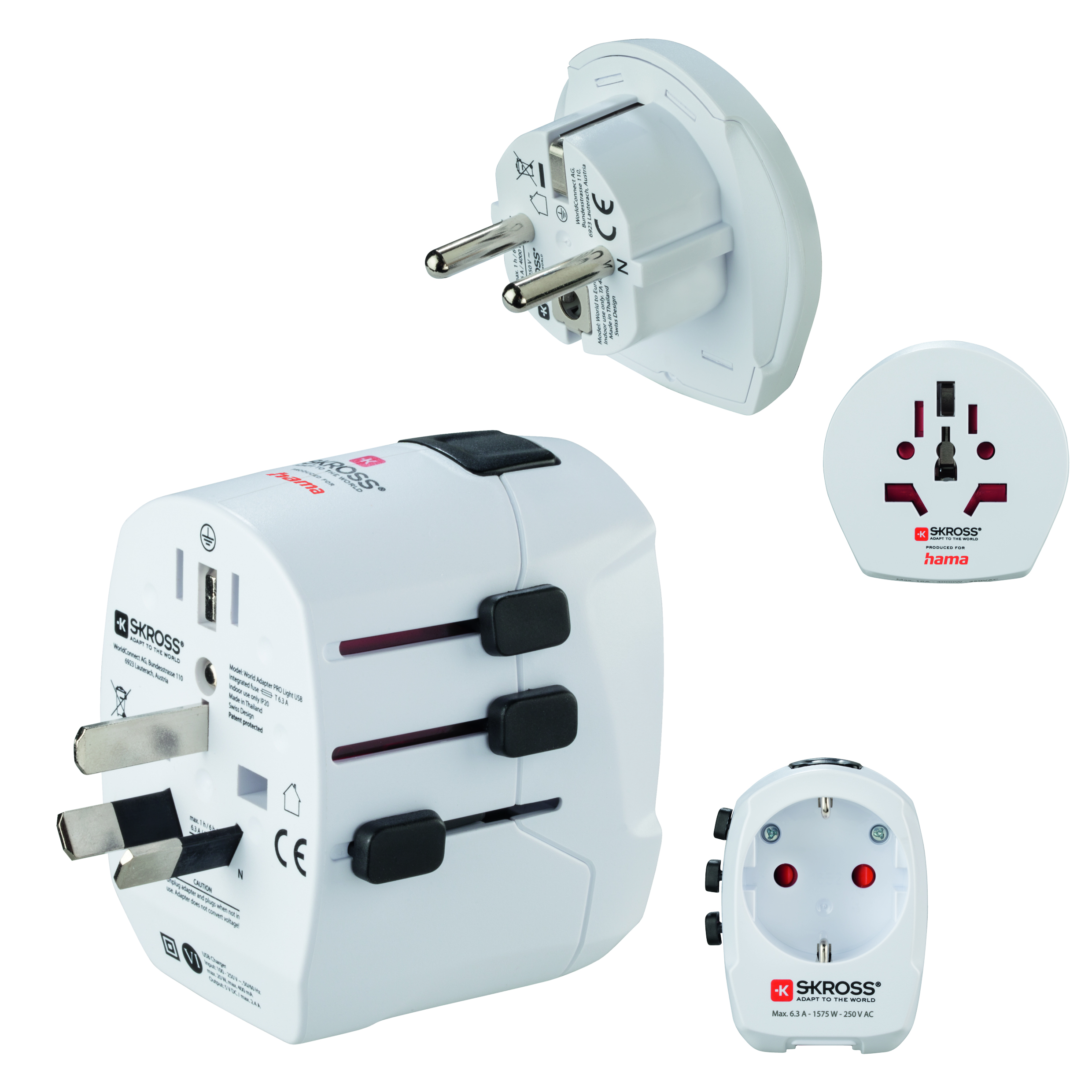 A white travel adapter with various plug configurations.