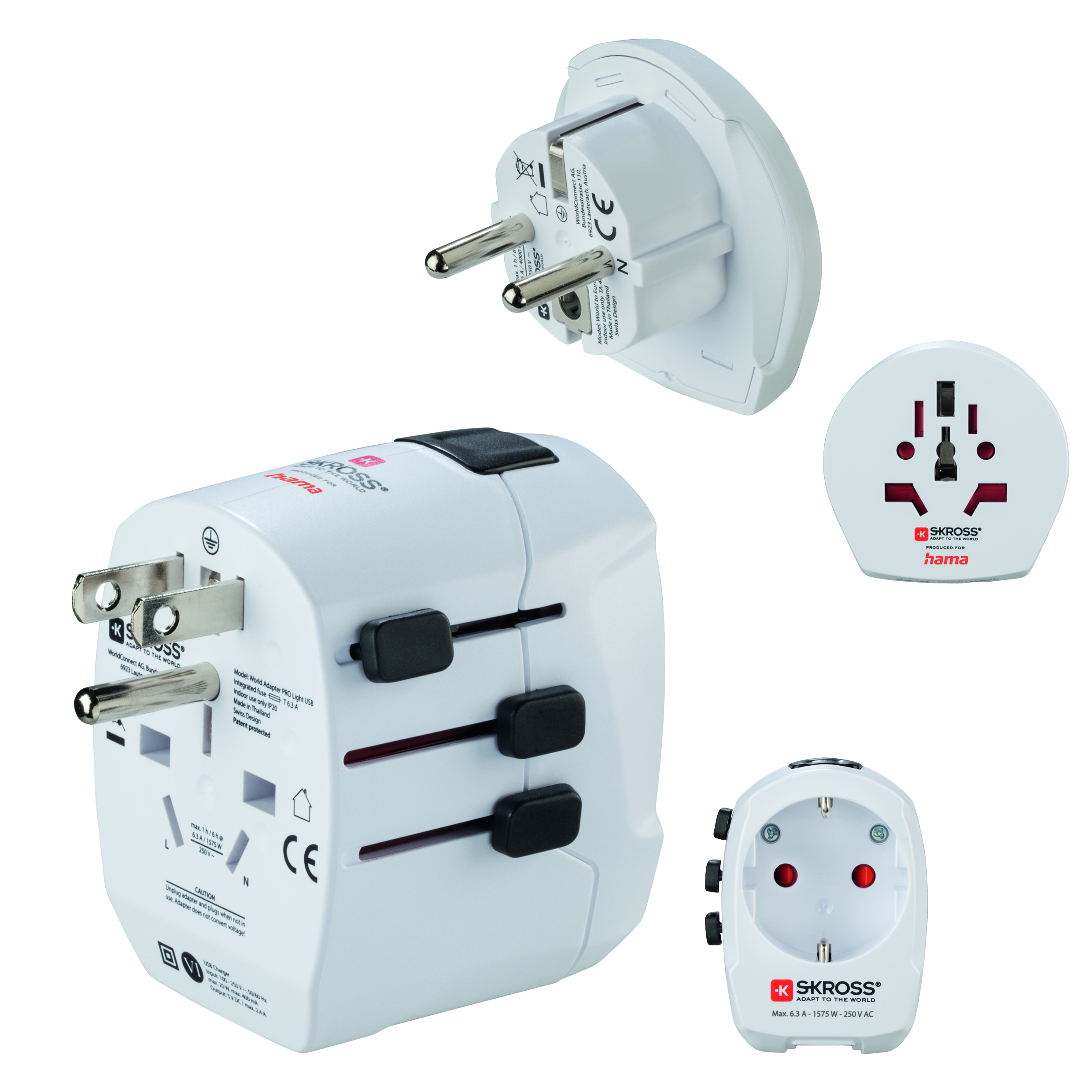 White travel adapter with multiple plugs. Various angles, black switches, and the SKROSS logo. White background.