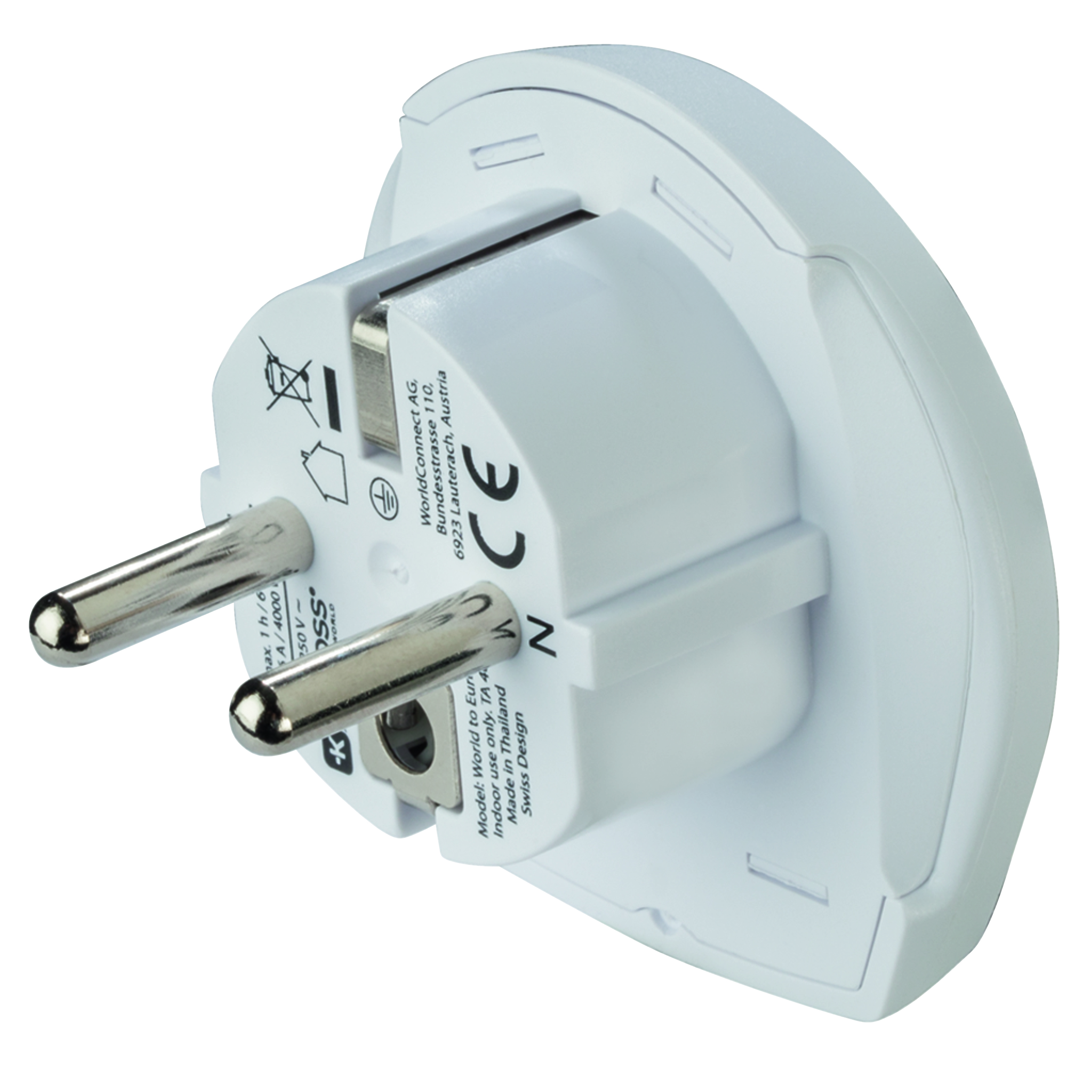 White plug adapter. The adapter has three pins and markings. The background is white.