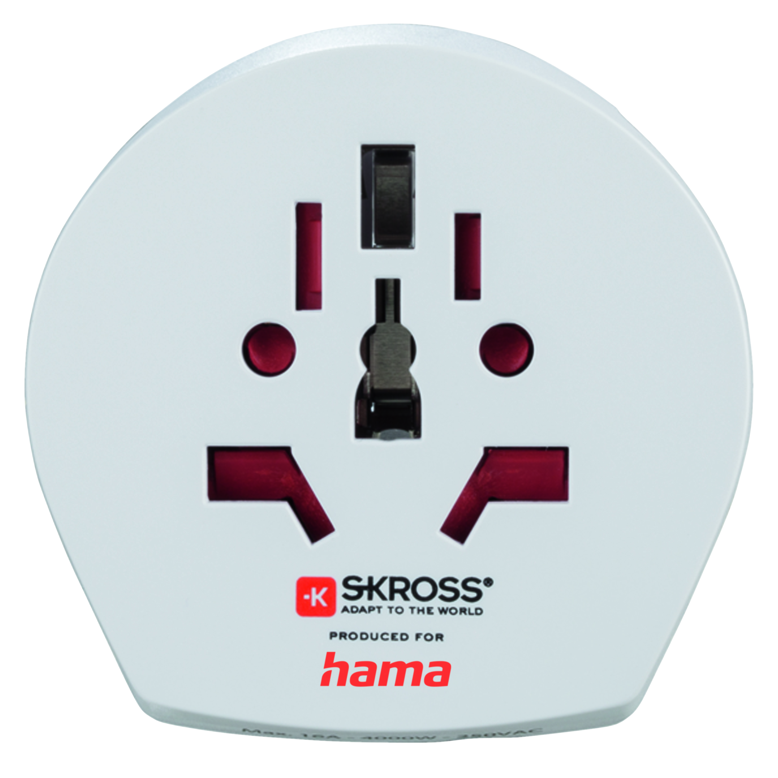 White universal adapter with red and black pins. The SKROSS logo is visible.