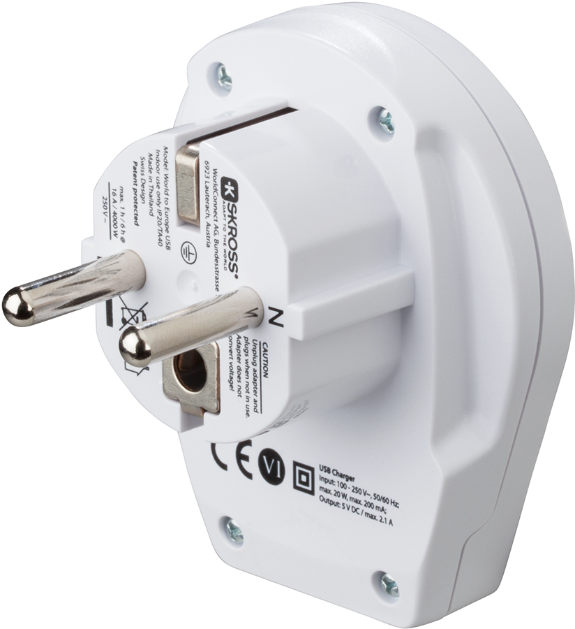 White travel adapter with USB charger, showing the prongs.