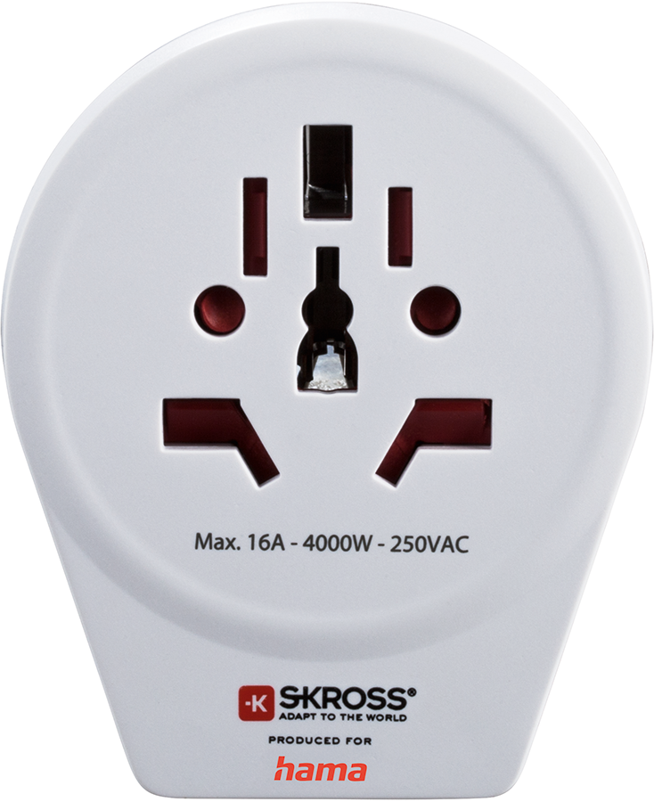 White adapter with multiple international plug configurations.