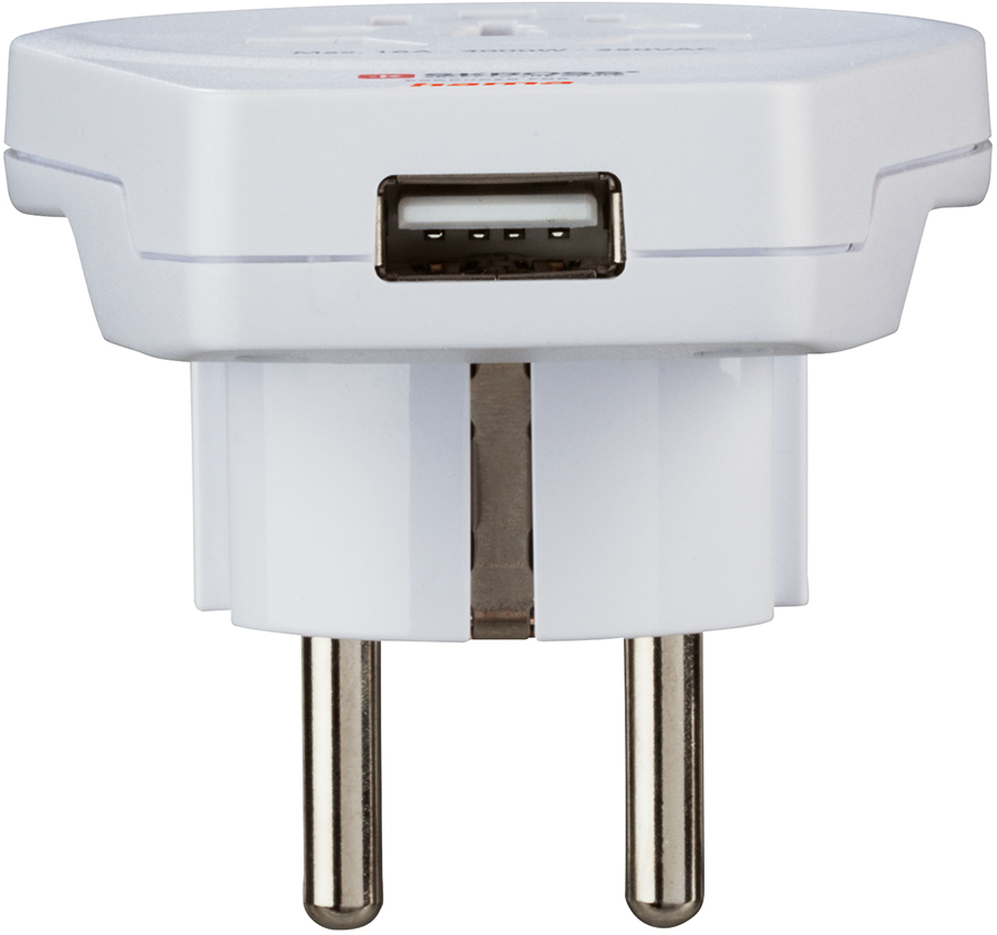 White travel adapter with USB port and plug pins. It has text on it.