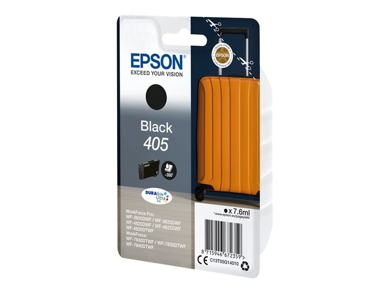 Embalaje del cartucho de tinta negro Epson. Contiene tinta negra y una imagen de maleta naranja.