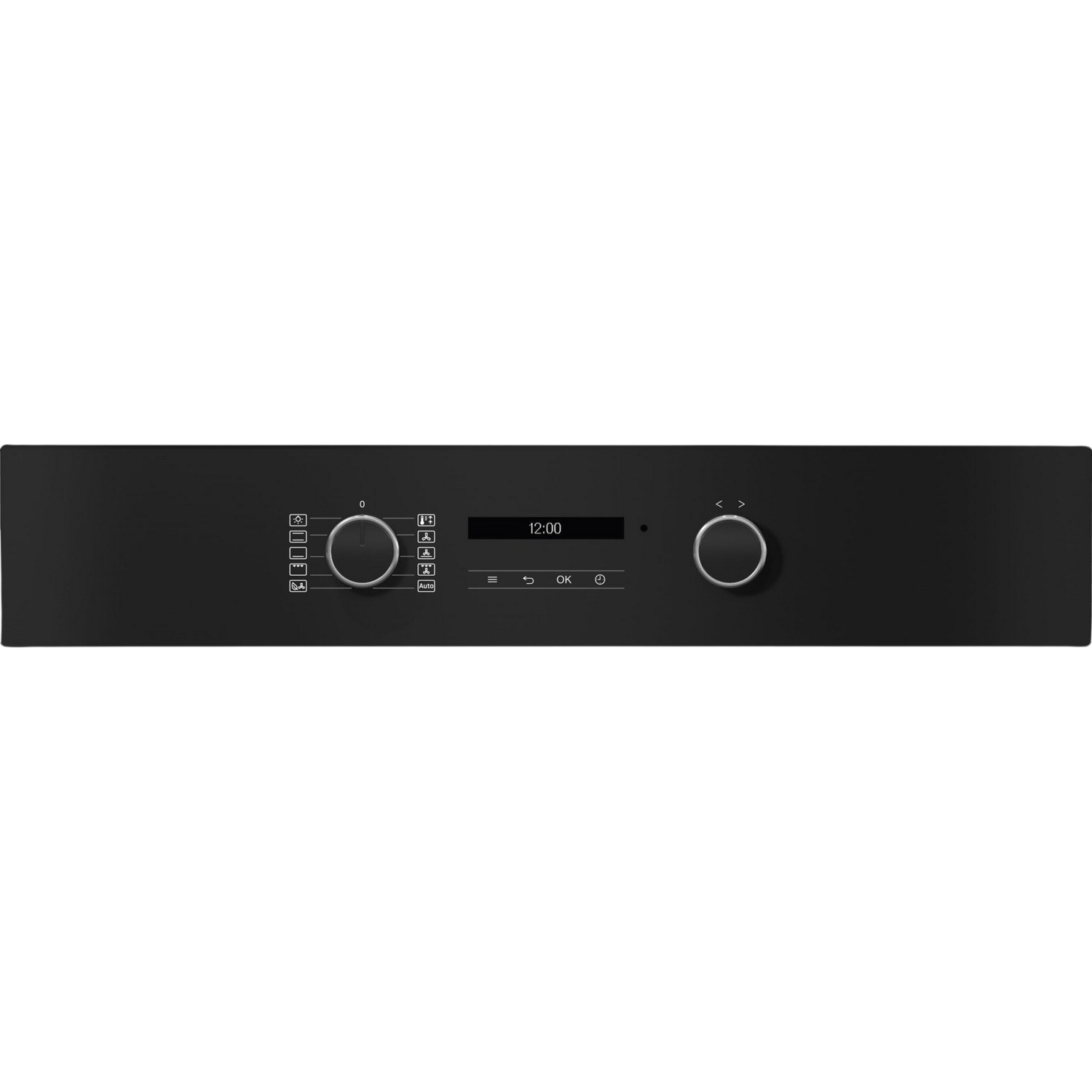 Black oven control panel with a digital display and two knobs. The panel is on a black background.
