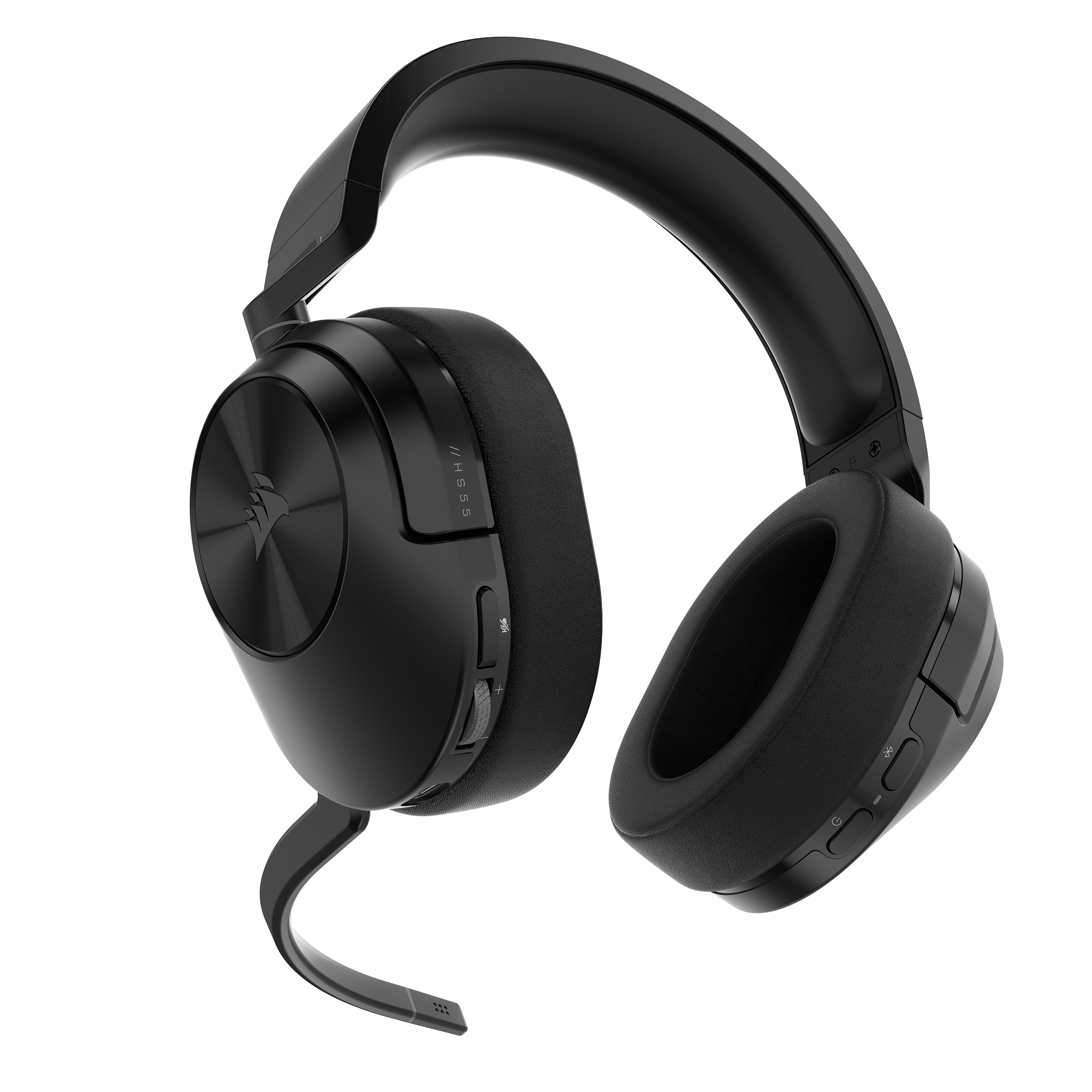 Auriculares negros con diseño curvo, mostrando auriculares, diadema y micrófono.