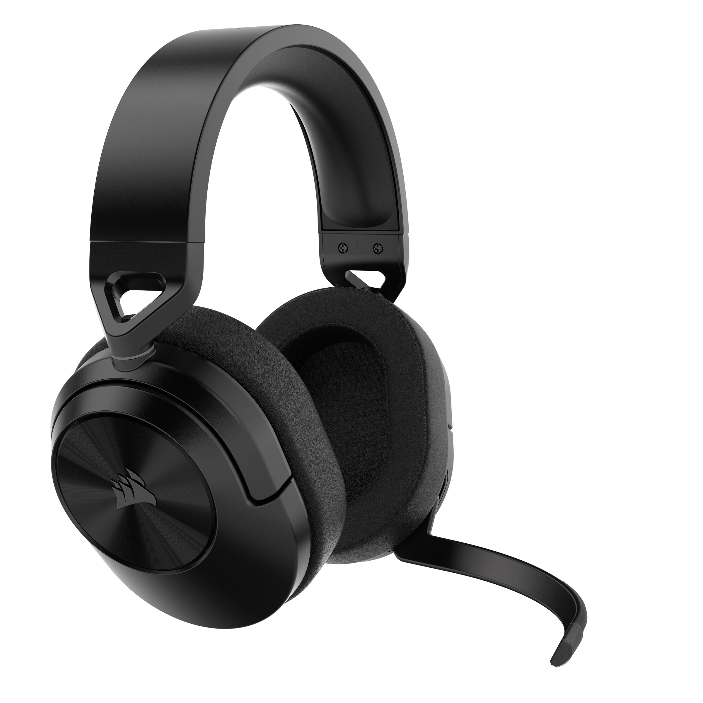 Auriculares negros con micrófono y logotipo de Corsair, sobre fondo negro.