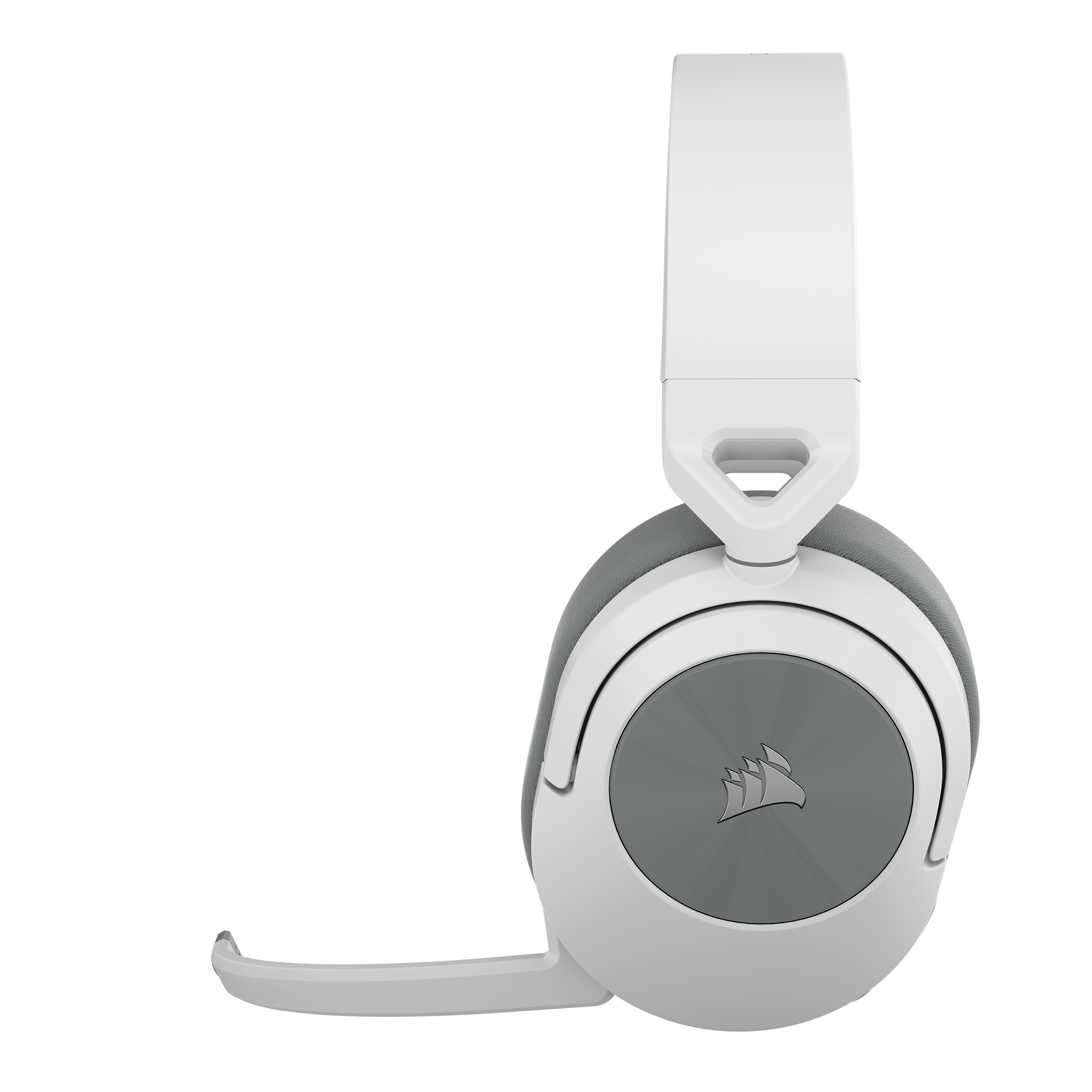 Auriculares blancos y grises, vista lateral, sobre fondo negro.
