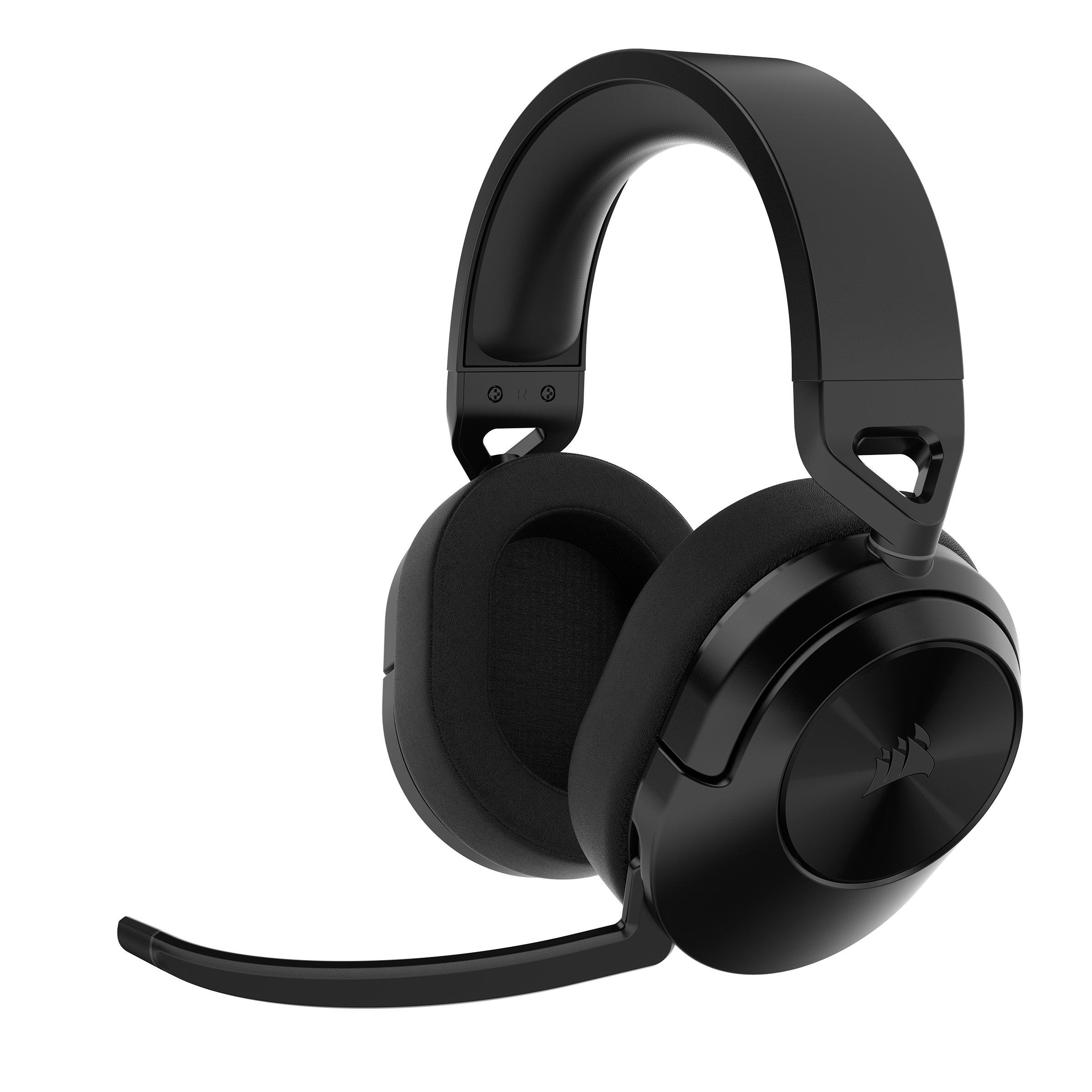 Auriculares para juegos negros con micrófono. Tiene un logotipo en el auricular.
