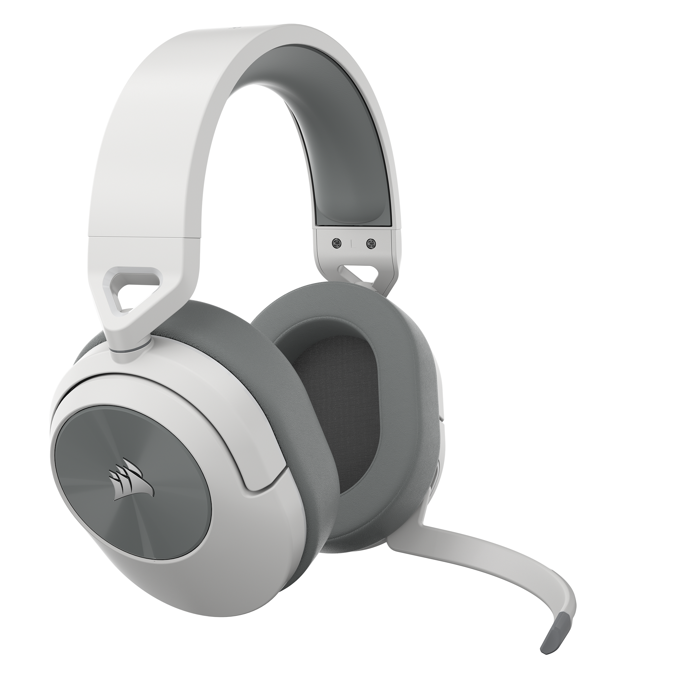 Auriculares inalámbricos blancos y grises con micrófono. Logotipo Corsair visible en la orejera.