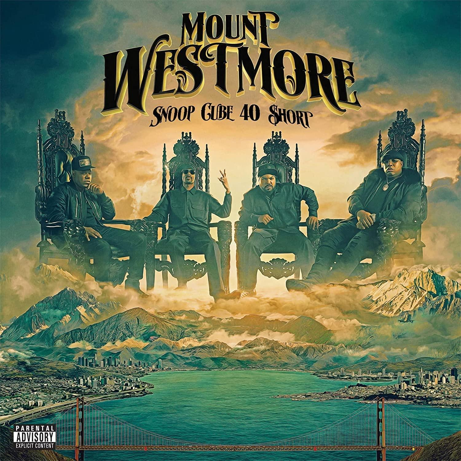 Album borító Snoop Dogg-gal és más rapperekkel trónokon, városképpel és hegyekkel.