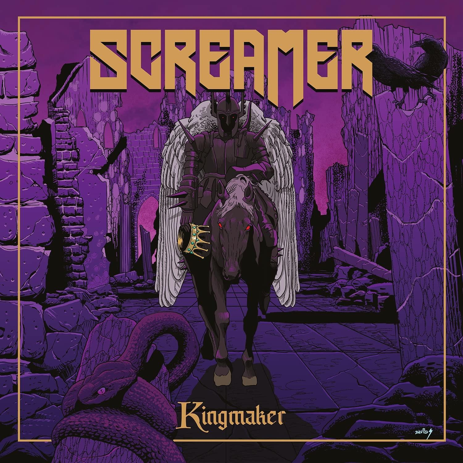 Albumcover. Ritter auf Pferd mit Flügeln. Lila Hintergrund, Text 'Screamer' und Schlange.