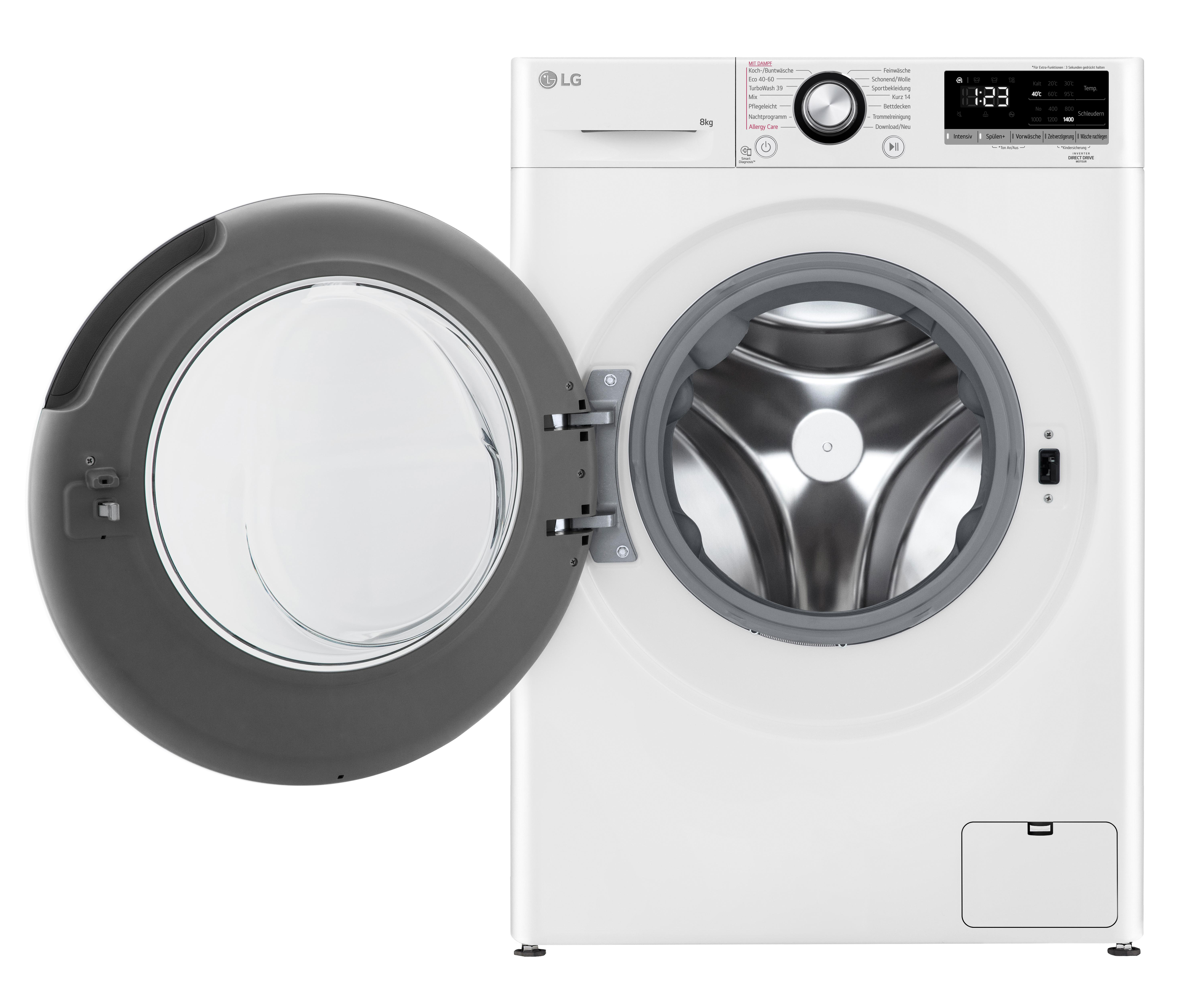 Weiße LG Waschmaschine mit geöffneter Tür. Die Tür und der Rand der Öffnung sind grau.