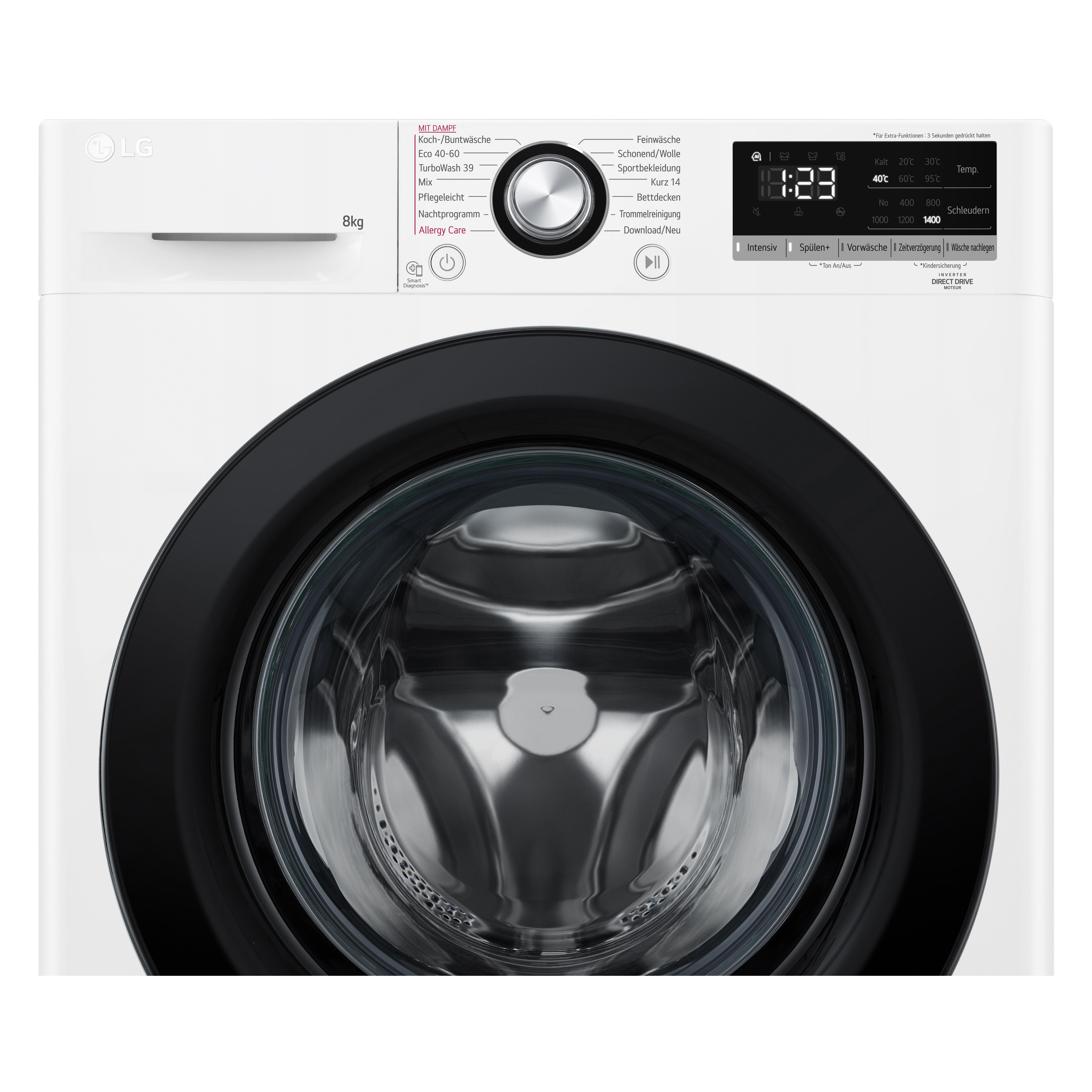 Weiße Waschmaschine mit schwarzem Zierrat. Ein digitales Display zeigt die Zeit und Einstellungen.