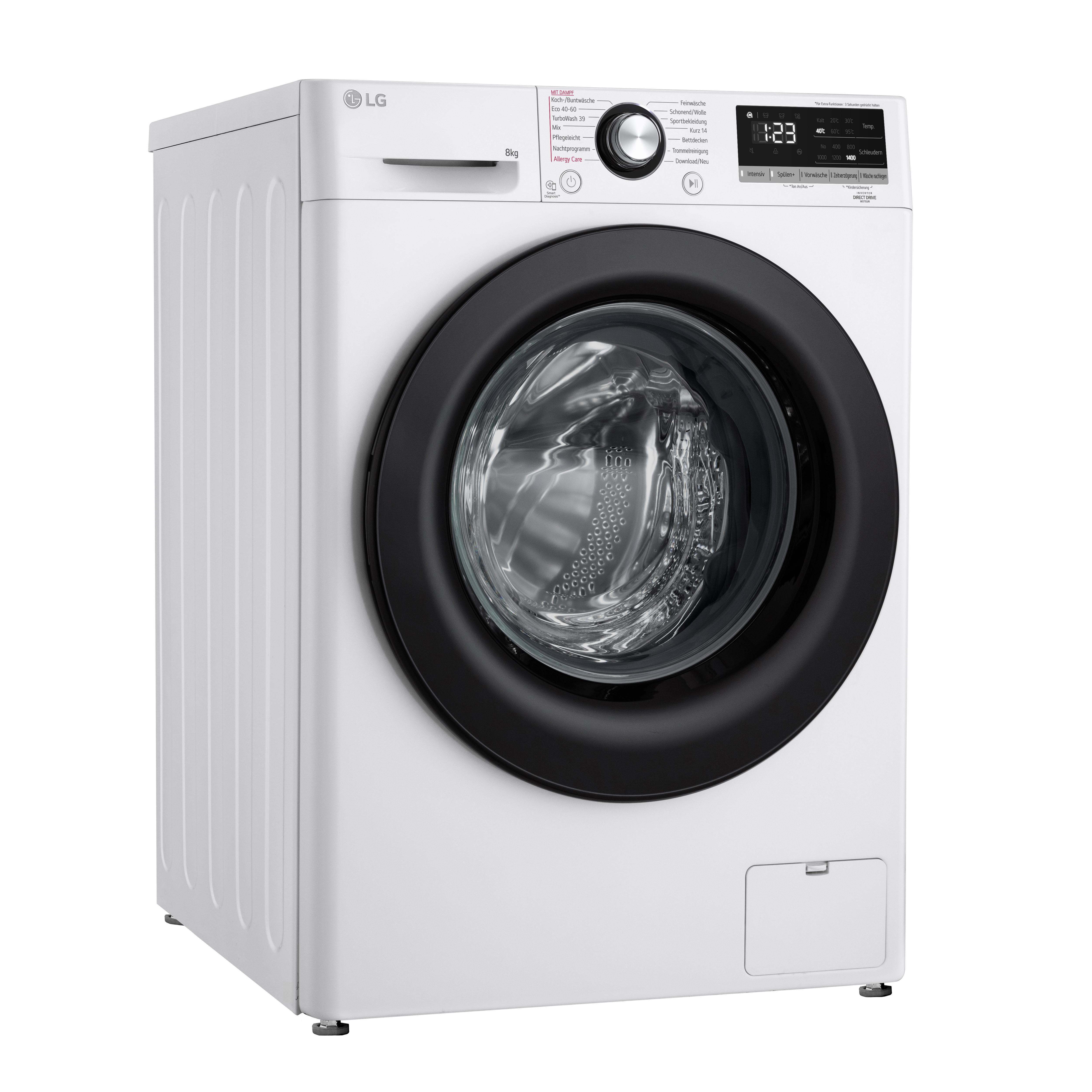 Weiße LG Waschmaschine. Schwarze Tür und Bedienfeld, große Kapazität.