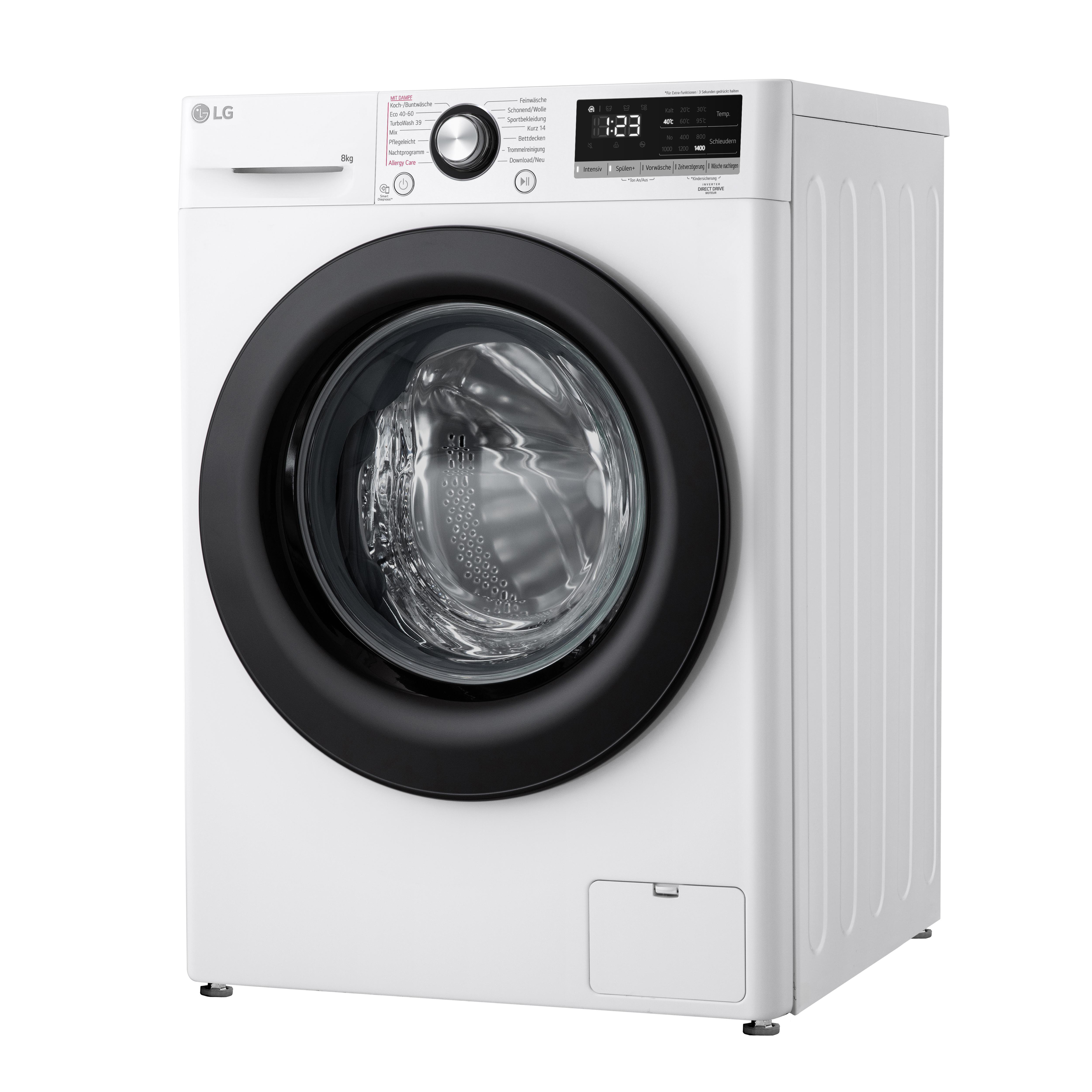 Weiße LG Waschmaschine mit schwarzer Tür und Display.