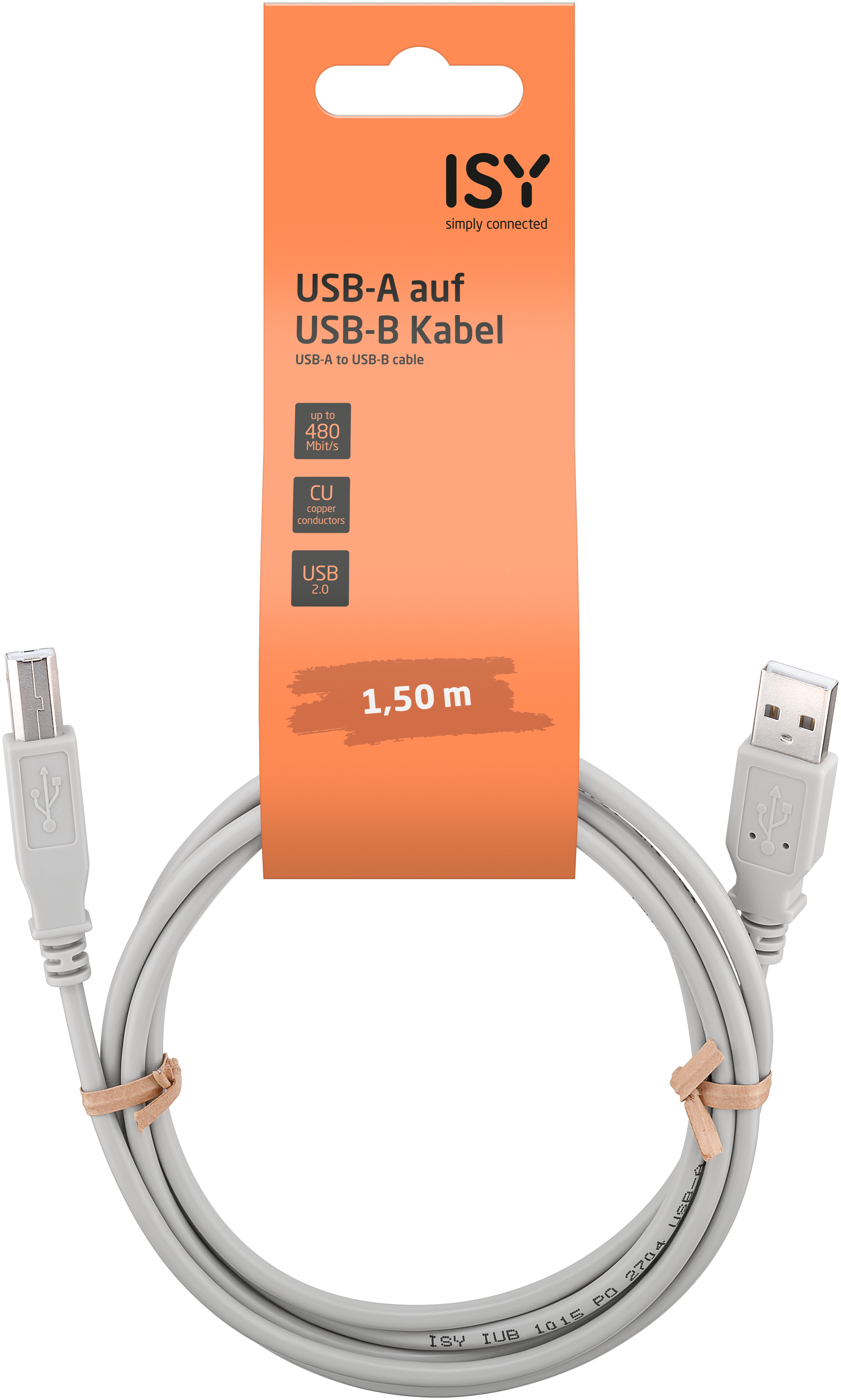 USB-A-auf-USB-B-Kabel in Verpackung, weißes Kabel, Gummibänder.