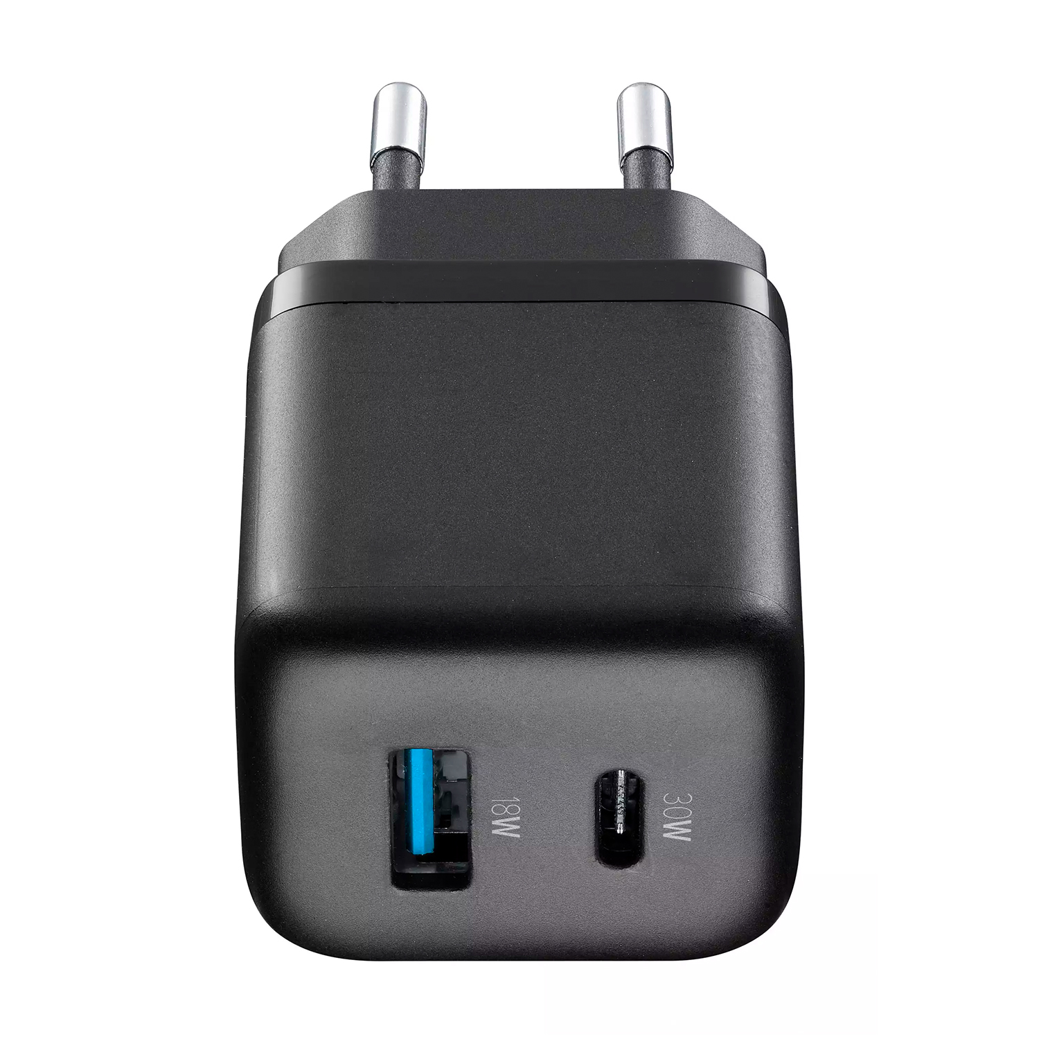 Caricabatterie da parete nero con due porte, una da 18W e una da 30W. Due spine argentate in alto.