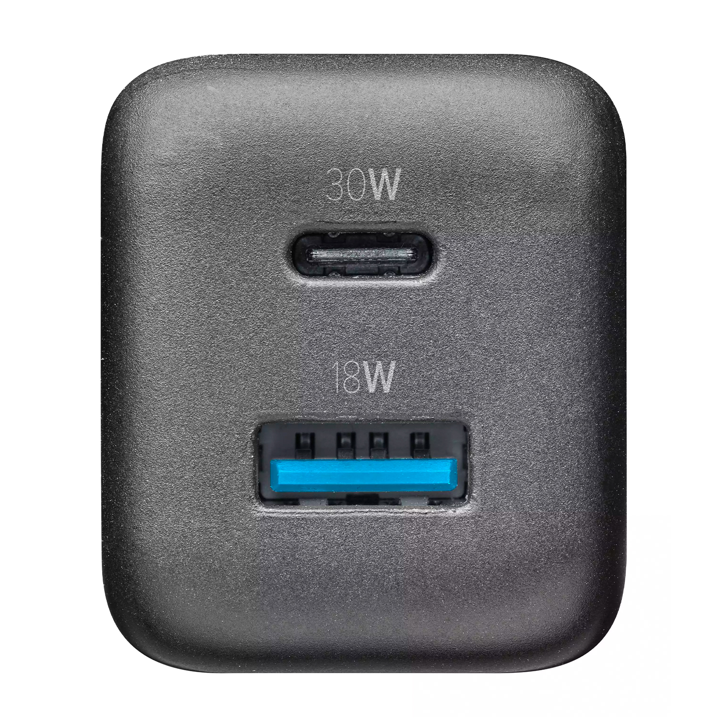 Caricatore grigio scuro con due porte: USB-C 30W e USB-A 18W.