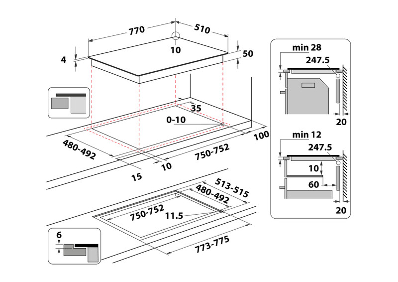 Főzőlap diagramja, méretekkel. Fehér háttér méretekkel és feliratokkal.