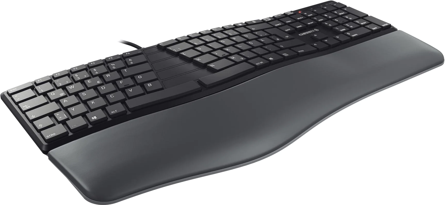 Eine schwarze ergonomische Tastatur mit integrierter Handballenauflage. Die Tasten sind schwarz mit weißen Zeichen. Die Tastatur hat einen Kabelanschluss.