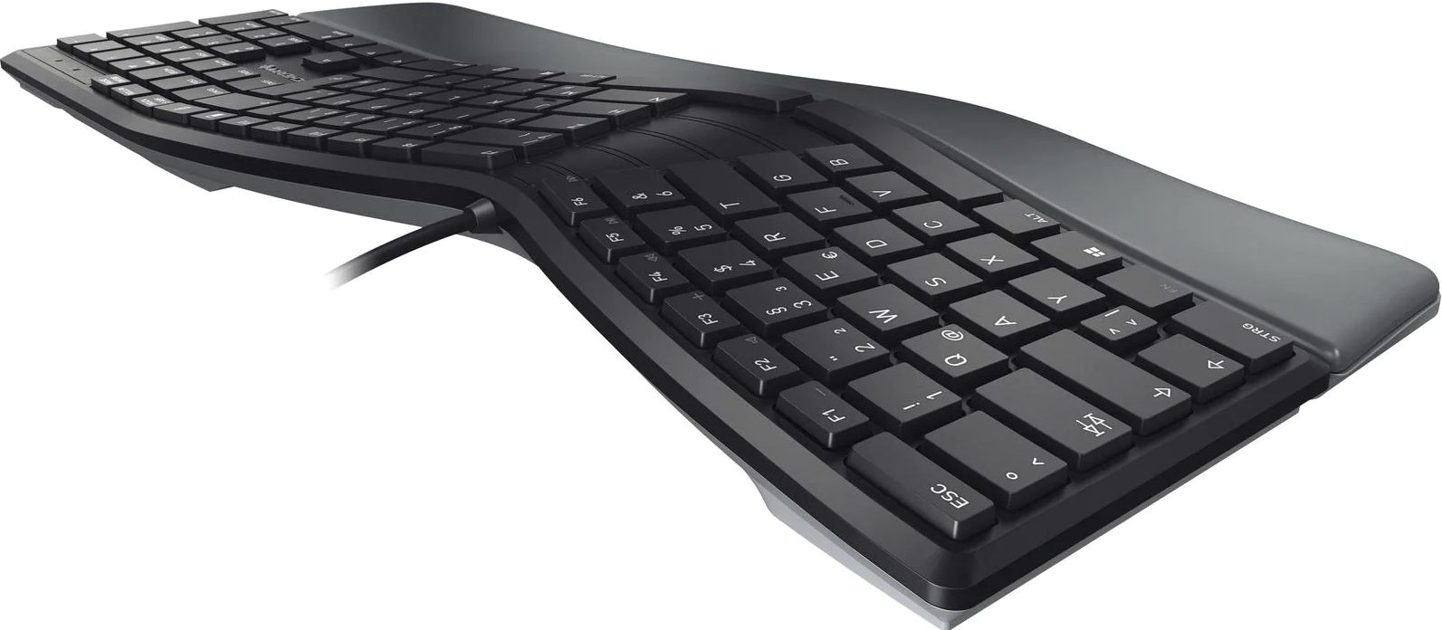 Eine schwarze ergonomische Tastatur mit geschwungenem Design. Die Tasten sind schwarz mit weißer Beschriftung. Auf der linken Seite ist ein Kabel zu sehen.