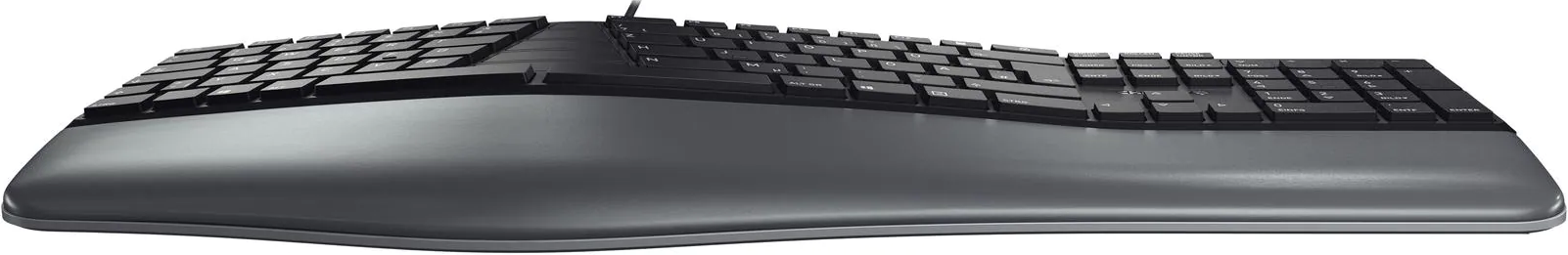 Eine geschwungene ergonomische Tastatur mit schwarzen Tasten und einem grauen Sockel. Die Tastatur hat ein geteiltes Design.