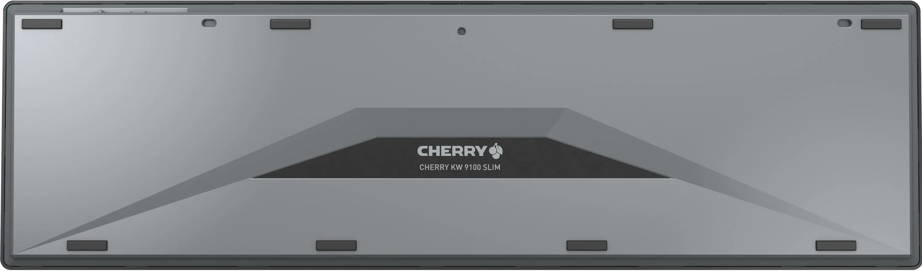 Unteransicht einer grauen Tastatur mit der Marke CHERRY und Modellbezeichnung.