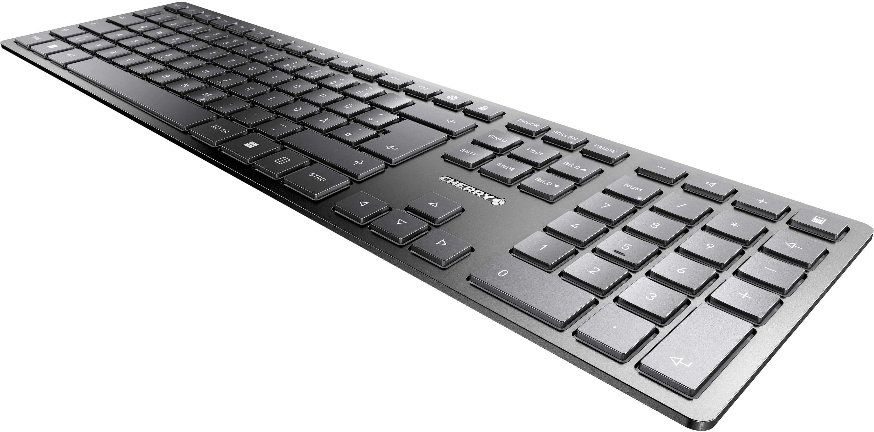 Silberne Tastatur mit Nummernblock, schräge Ansicht.