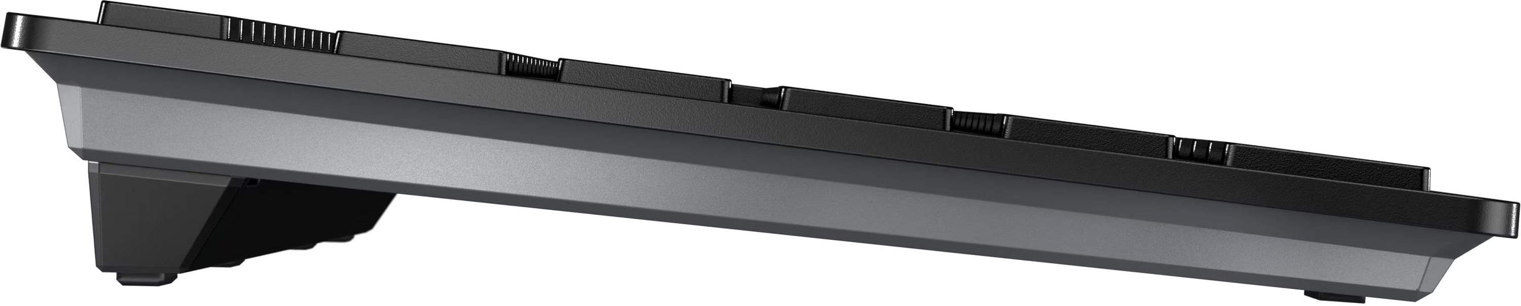 Seitenansicht einer dunkelgrauen Tastatur. Die Tasten sind schwarz.