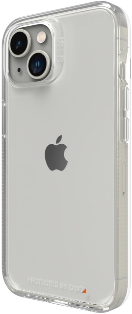 Une coque de téléphone transparente avec un téléphone à l'intérieur. Le téléphone a plusieurs caméras et un logo Apple.