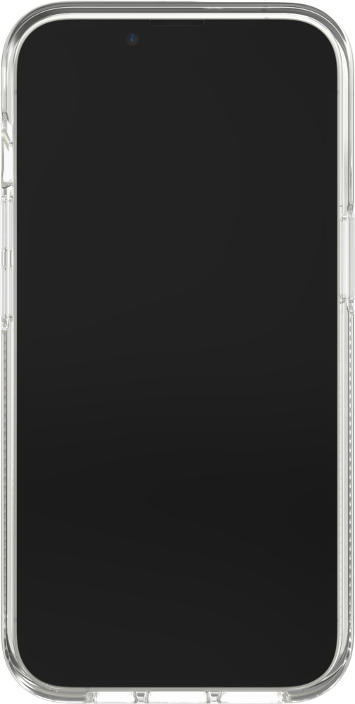 Une coque de téléphone transparente sur un smartphone noir, caméra visible.