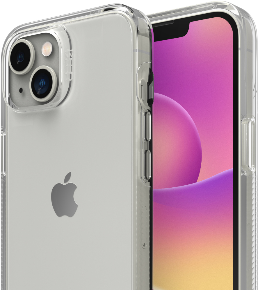Gros plan d'un iPhone dans une coque transparente, montrant l'écran et la caméra.