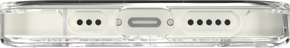 Coque de téléphone transparente, vue du bas, montrant le port de charge et les haut-parleurs.
