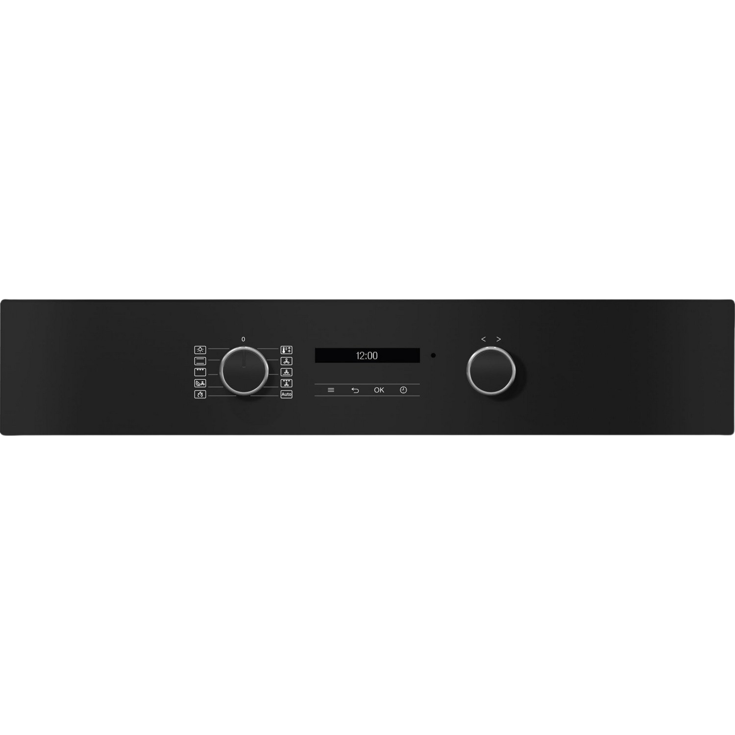 Black control panel with two knobs and a digital time display showing 12:00.